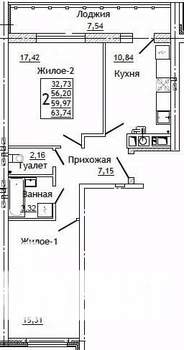 2-к квартира, строящийся дом, 64м2, 2/10 этаж