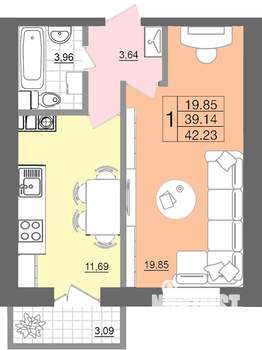 1-к квартира, строящийся дом, 42м2, 1/10 этаж