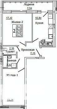 2-к квартира, строящийся дом, 64м2, 6/10 этаж