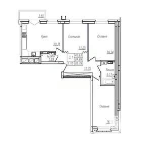 3-к квартира, строящийся дом, 89м2, 6/16 этаж