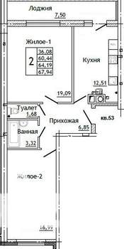 2-к квартира, строящийся дом, 68м2, 1/10 этаж