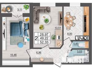 2-к квартира, строящийся дом, 52м2, 4/10 этаж