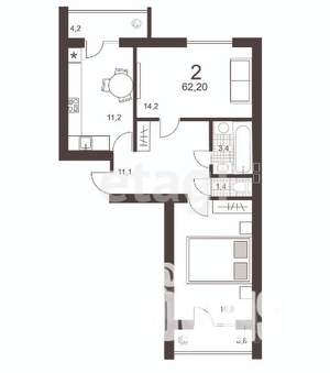 2-к квартира, вторичка, 62м2, 1/10 этаж