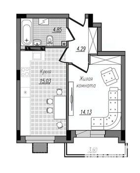 1-к квартира, строящийся дом, 42м2, 7/16 этаж