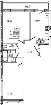 2-к квартира, вторичка, 66м2, 1/10 этаж