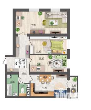 3-к квартира, строящийся дом, 81м2, 7/10 этаж
