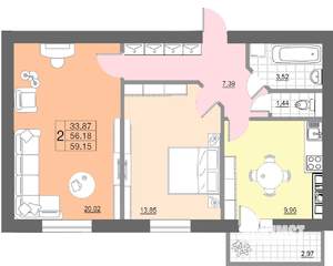 2-к квартира, строящийся дом, 59м2, 4/10 этаж