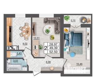 2-к квартира, строящийся дом, 53м2, 2/10 этаж