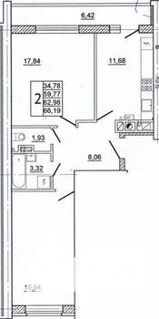 2-к квартира, вторичка, 66м2, 5/10 этаж