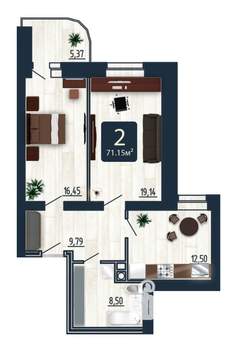 2-к квартира, строящийся дом, 72м2, 5/9 этаж