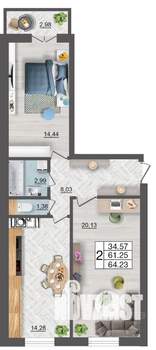 2-к квартира, строящийся дом, 64м2, 2/10 этаж