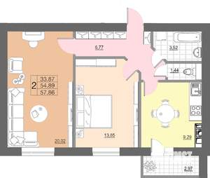 2-к квартира, строящийся дом, 58м2, 1/10 этаж