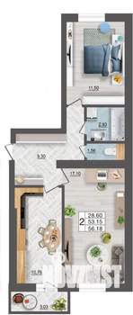 2-к квартира, строящийся дом, 56м2, 5/10 этаж