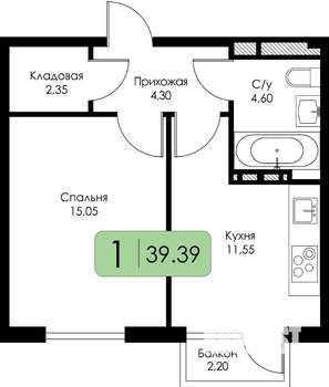 1-к квартира, строящийся дом, 39м2, 3/15 этаж