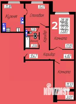 2-к квартира, строящийся дом, 74м2, 9/10 этаж