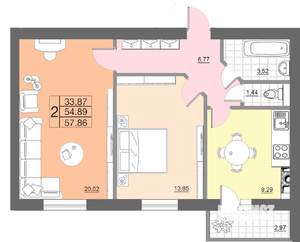 2-к квартира, строящийся дом, 58м2, 1/10 этаж