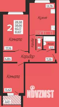2-к квартира, строящийся дом, 62м2, 7/10 этаж