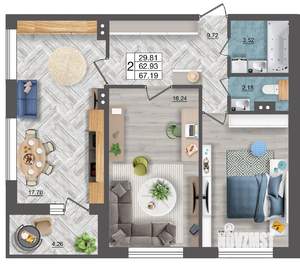 2-к квартира, вторичка, 67м2, 2/18 этаж