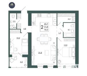 2-к квартира, строящийся дом, 76м2, 2/16 этаж