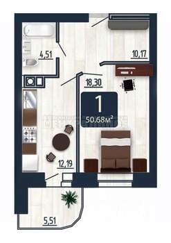 1-к квартира, вторичка, 51м2, 9/10 этаж