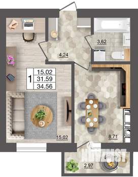 1-к квартира, строящийся дом, 35м2, 10/10 этаж