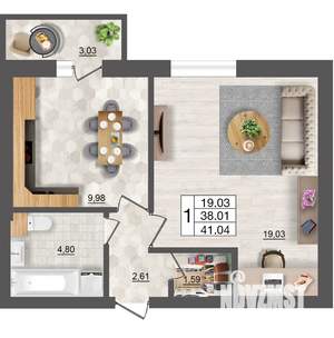 1-к квартира, строящийся дом, 41м2, 3/10 этаж