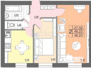 2-к квартира, сданный дом, 46м2, 1/10 этаж