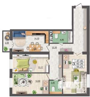 3-к квартира, строящийся дом, 95м2, 3/10 этаж