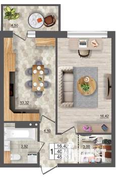 1-к квартира, вторичка, 45м2, 3/18 этаж