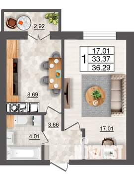 1-к квартира, строящийся дом, 36м2, 9/10 этаж