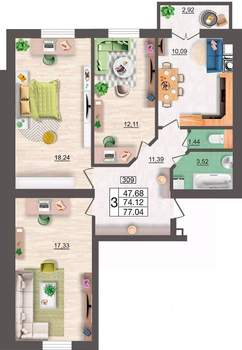 3-к квартира, строящийся дом, 77м2, 2/10 этаж