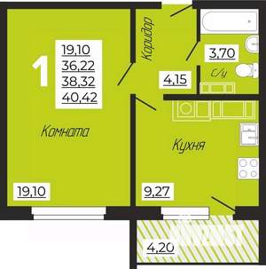 1-к квартира, строящийся дом, 40м2, 7/10 этаж