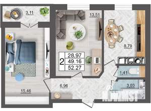 2-к квартира, вторичка, 52м2, 6/10 этаж