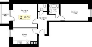 2-к квартира, строящийся дом, 60м2, 7/10 этаж