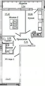 2-к квартира, строящийся дом, 64м2, 8/10 этаж
