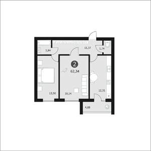 2-к квартира, строящийся дом, 62м2, 2/10 этаж