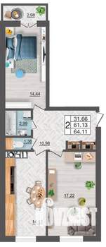 2-к квартира, строящийся дом, 64м2, 3/10 этаж