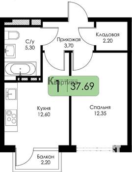 1-к квартира, сданный дом, 38м2, 12/15 этаж