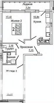 2-к квартира, строящийся дом, 64м2, 3/10 этаж