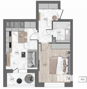 1-к квартира, сданный дом, 42м2, 5/10 этаж