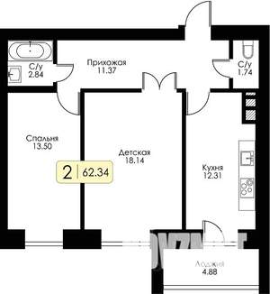 2-к квартира, строящийся дом, 62м2, 2/10 этаж