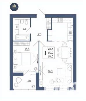 1-к квартира, строящийся дом, 54м2, 12/16 этаж