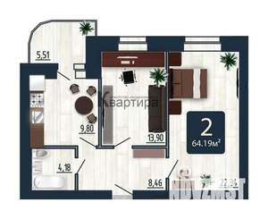 2-к квартира, вторичка, 64м2, 6/10 этаж