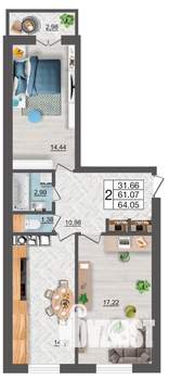 2-к квартира, строящийся дом, 64м2, 9/10 этаж